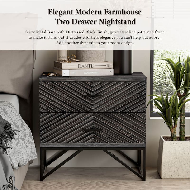 COZAYH Modern 2-Drawer Nightstand, Contemporary Line Accent End Side Table with Black Metal Base for Bedroom, Living Room