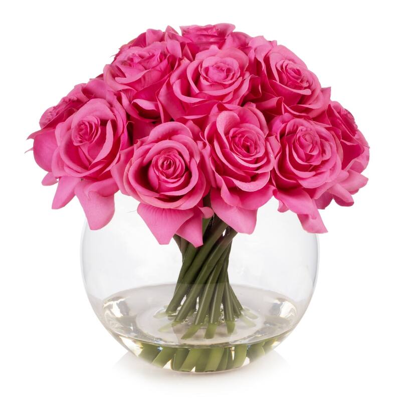 Enova Home 16 Heads Artificial Silk Rose Flowers in Round Glass Vase With Faux Water For Home Wedding Decoration