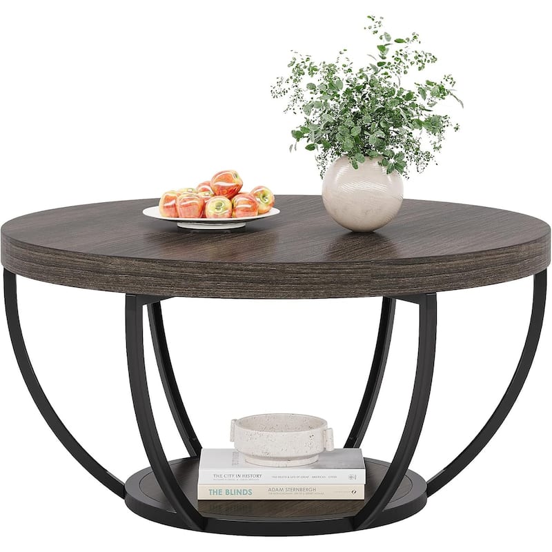 Round Coffee Table, 31.7" Wooden 2-Tier Circle Coffee Table with Storage Shelves, Accent Cocktail Table Center Table