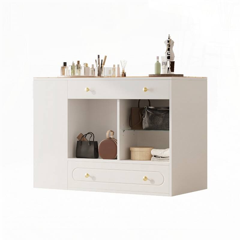 Wardrobe Armoire Bedroom Island with Glass Display Top and Open Shelves