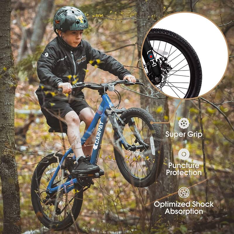 Blue Kids Mountain Bike 7 Speed Teenager Children Kids' Bicycles Front Suspension Disc U Brake, 14 Inch Height Steel Frame