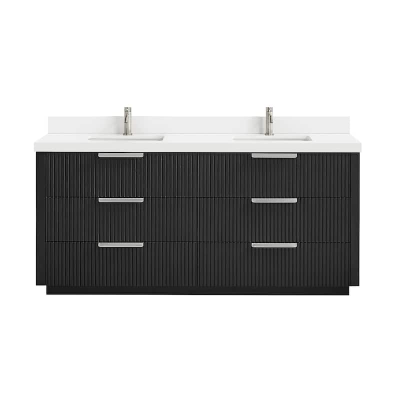 Santarem Double Vanity with Pure White Quartz Stone Top without Mirror - 72" - Oak Weathered Black