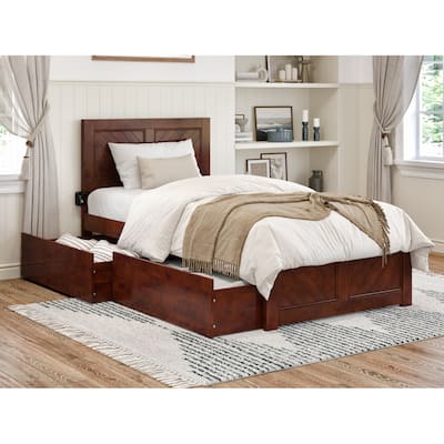 Twin XL Platform Bed with Footboard & Drawers - Walnut Finish, Modern Bedroom Furniture