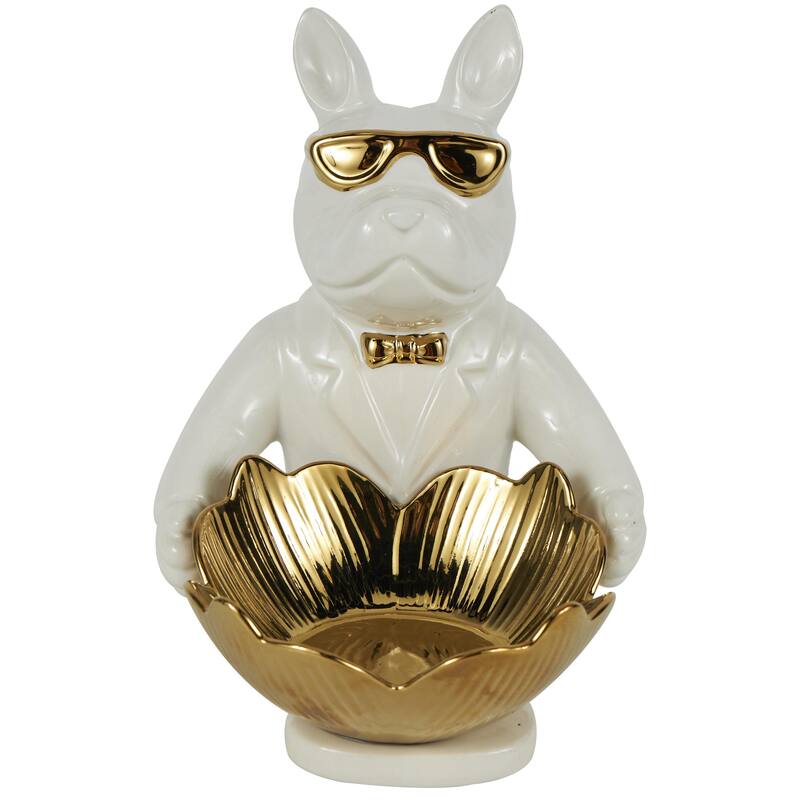 Ceramic Bulldog Decorative Sculpture with Gold Accents - Black or White - Roche River Decor - White