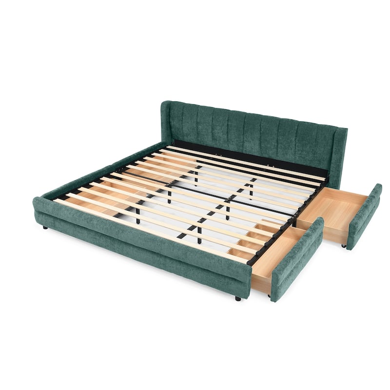 Thick Fabric Upholstered Bed Frame, Low Profile Storage Platform Bed with 4 Storage Drawers, Metal Legs and Wood Slat Support