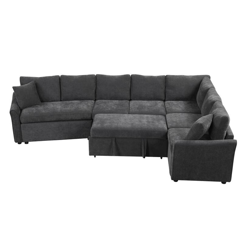 Modern Chenille L-Shaped Sectional Sofa with Pull-Out Bed, USB Charging Ports and Power Outlets for Living Room