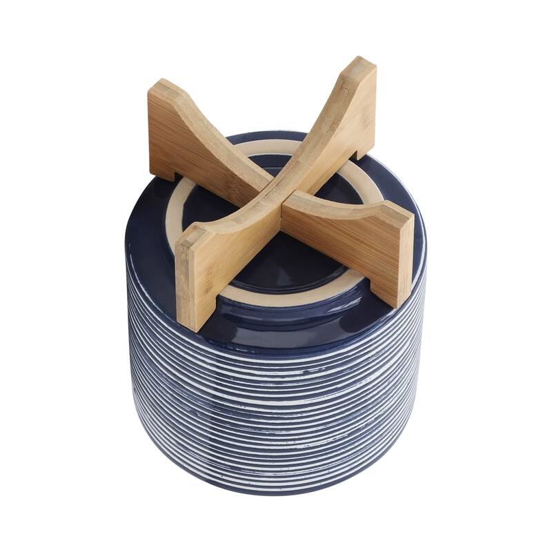 Sagebrook Home Striped Ceramic Planter with Wooden Stand Indoor/Outdoor