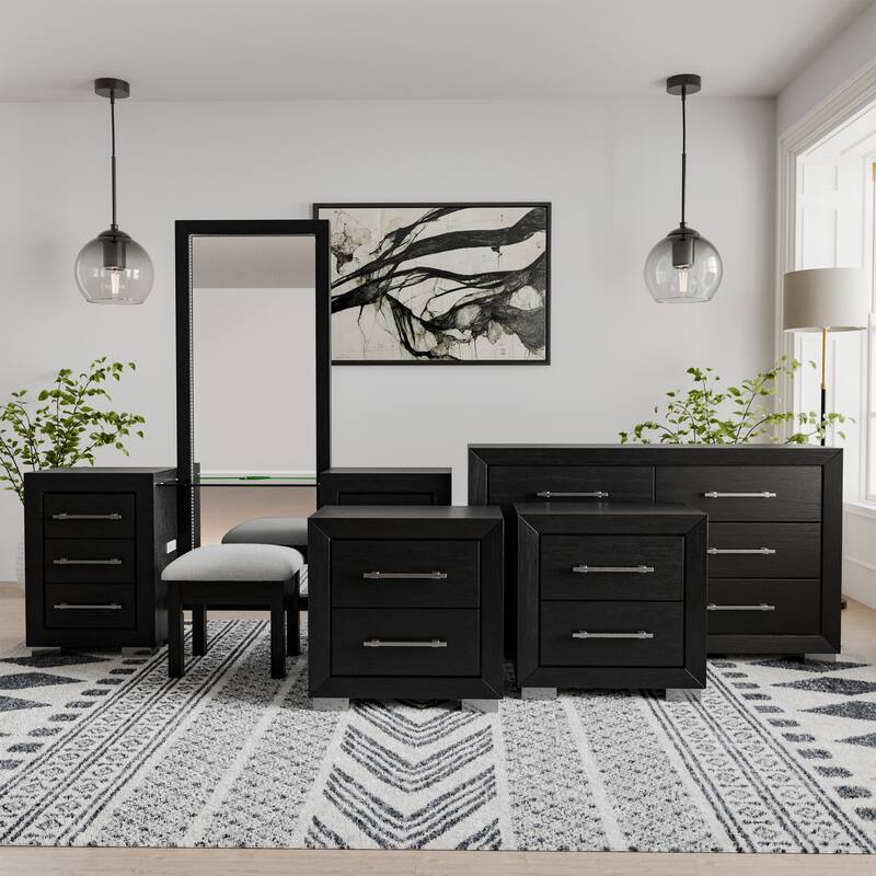 Furniture of America Alaric Modern Black Solid Wood 69-inch Makeup Vanity, Dresser and 2 Nightstands Bedroom Set - Black