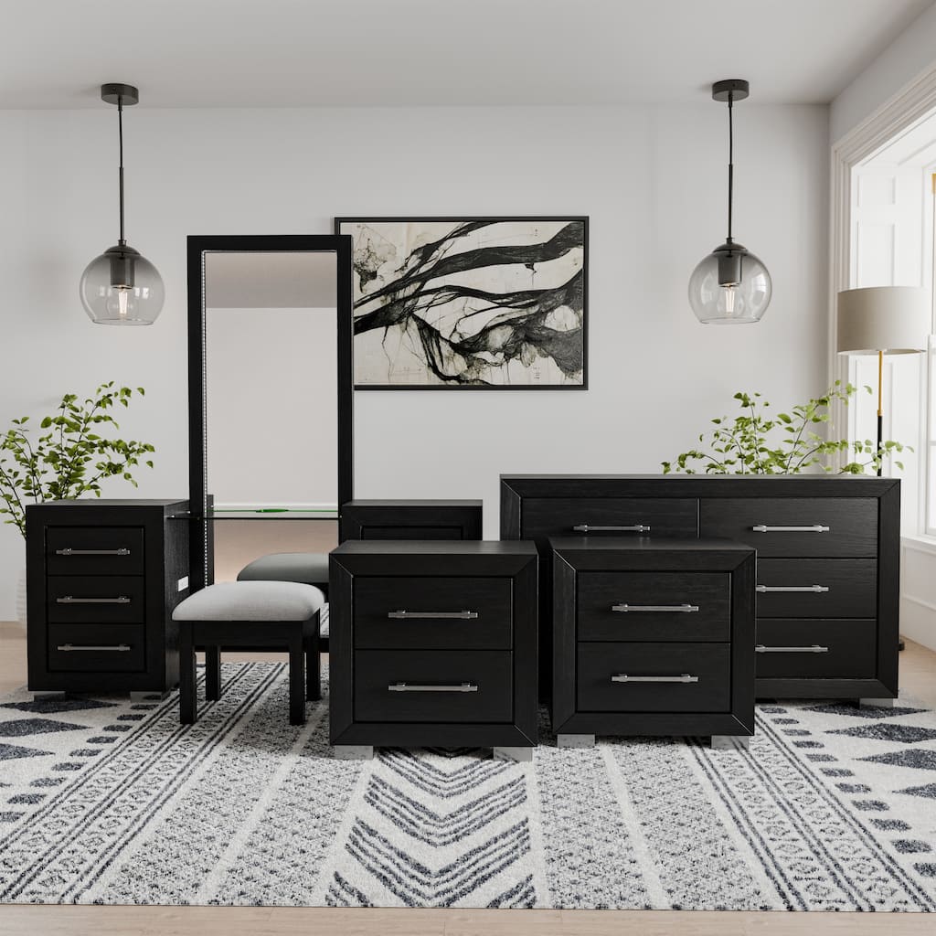 Furniture of America Alaric Modern Black Solid Wood 69-inch Makeup Vanity, Dresser and 2 Nightstands Bedroom Set