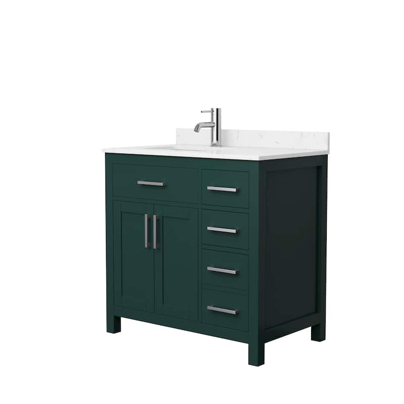 Beckett 36 Inch Single Vanity, Cultured Marble Top - Green, Nickel Trim, Carrara Cultured Marble Top