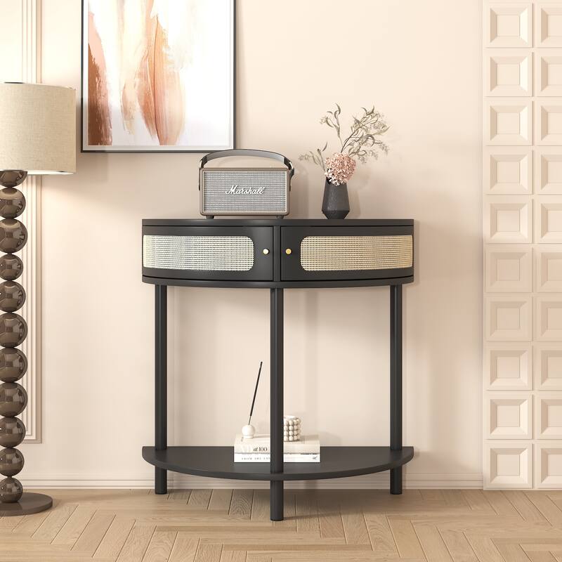Unique Half Moon Design End Table, Side Table with 2 Rattan Door and Bottom Shelf - Black - MDF