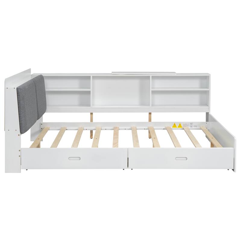 Wood Platform Bed with Storage Headboard, Shelves and 2 Drawers