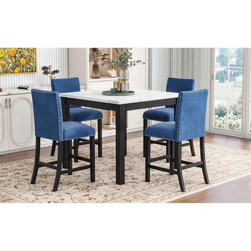 Roomfitters 5-Piece Counter Height Dining Table Set with Faux Marble Square Table and Velvet Upholstered Chairs