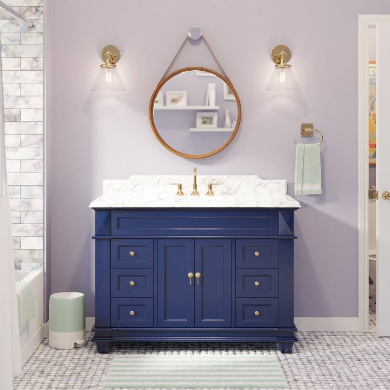 KitchenBathCollection Elizabeth 48" Bathroom Vanity with Carrara Marble Top - Royal Blue
