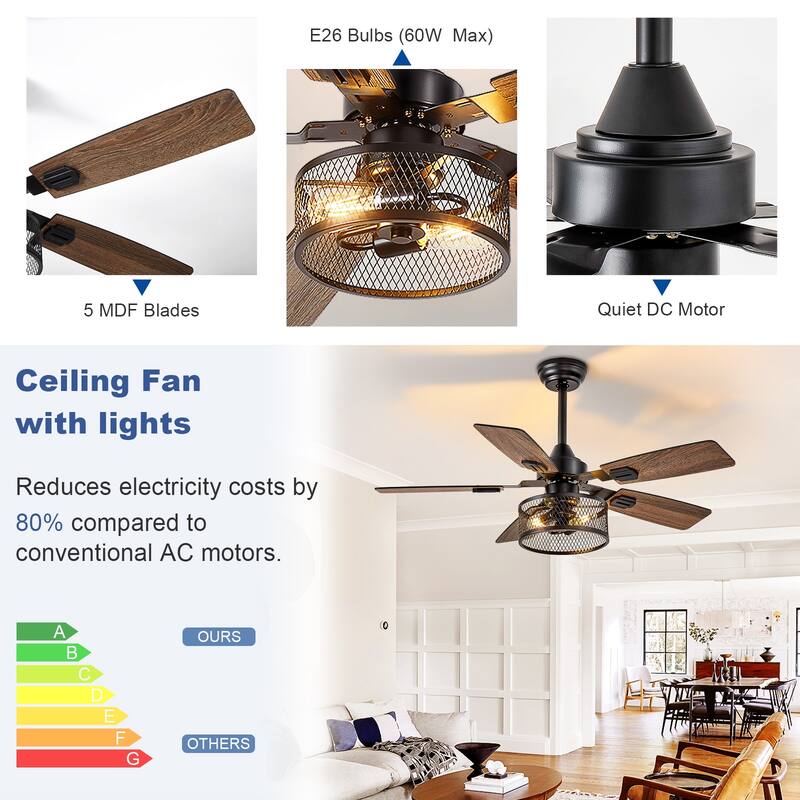 42-52Inch Caged Ceiling Fans with Lights: Dual Finish 5 Blades - Rustic with Remote Control (E26 Bulb Included)