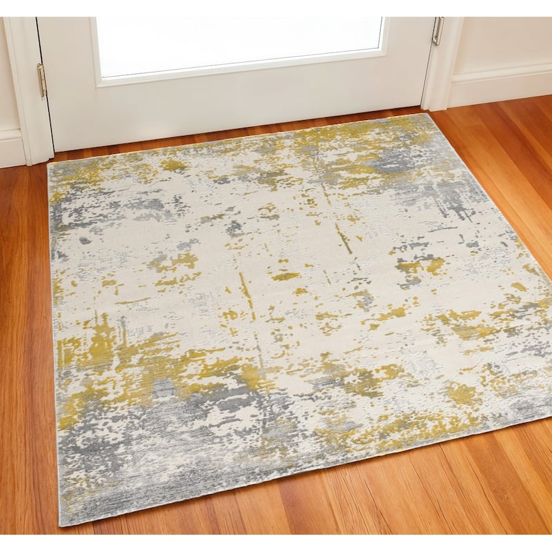 HomeRoots Abstract Contemporary Square Area Rug - 27.00 in. x 24.00 in. x 0.80 in. - Brown/Gold/Gray