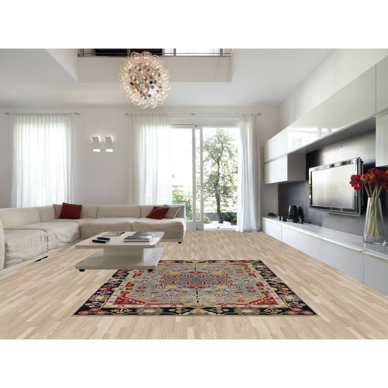 Gray Geometric Kazak Oriental Area Rug Hand-Knotted Wool Carpet - 8'1"x 10'0"