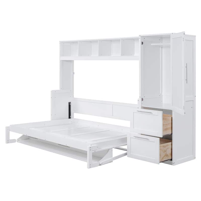White Full Size Murphy Bed with Built-in Shelf and Drawers
