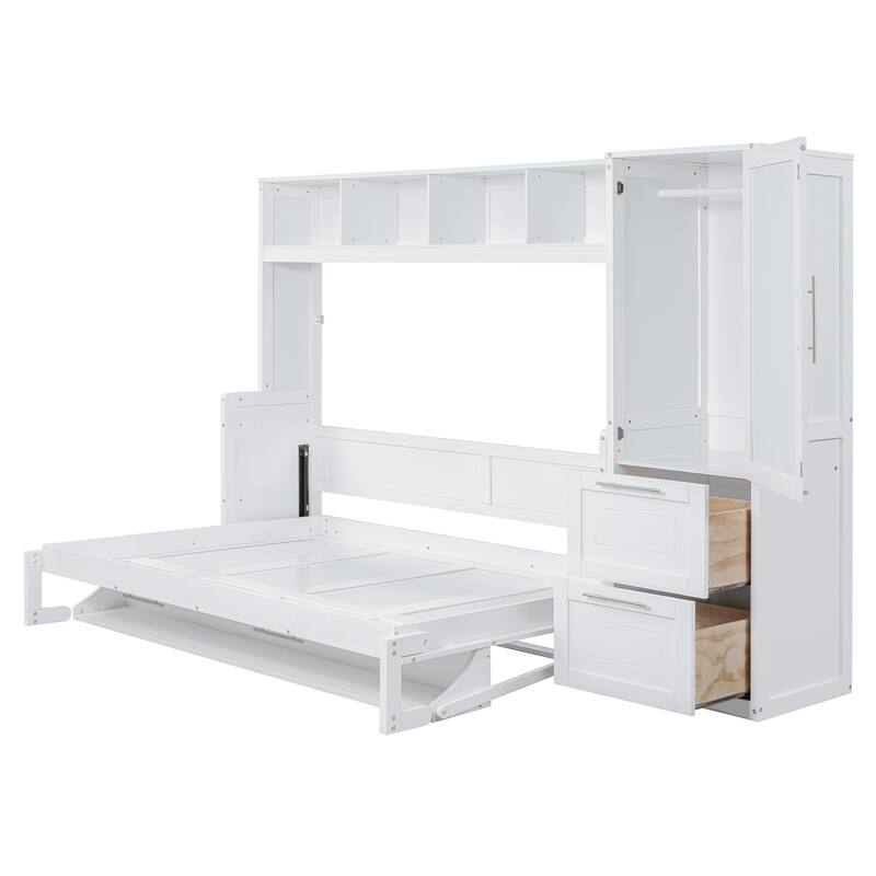 White Full Size Murphy Bed with The Built-in top Shelf,Closet and Two Storage Drawers for Bedroom