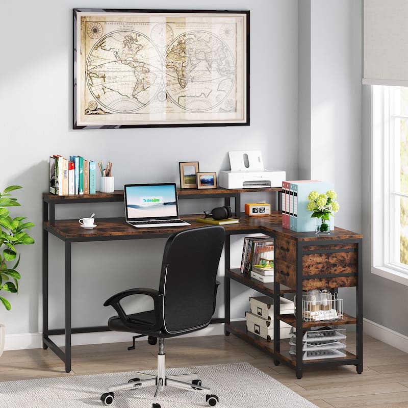 Modern L Shaped Computer Desk with Drawer and storage shelf - rusitc&black