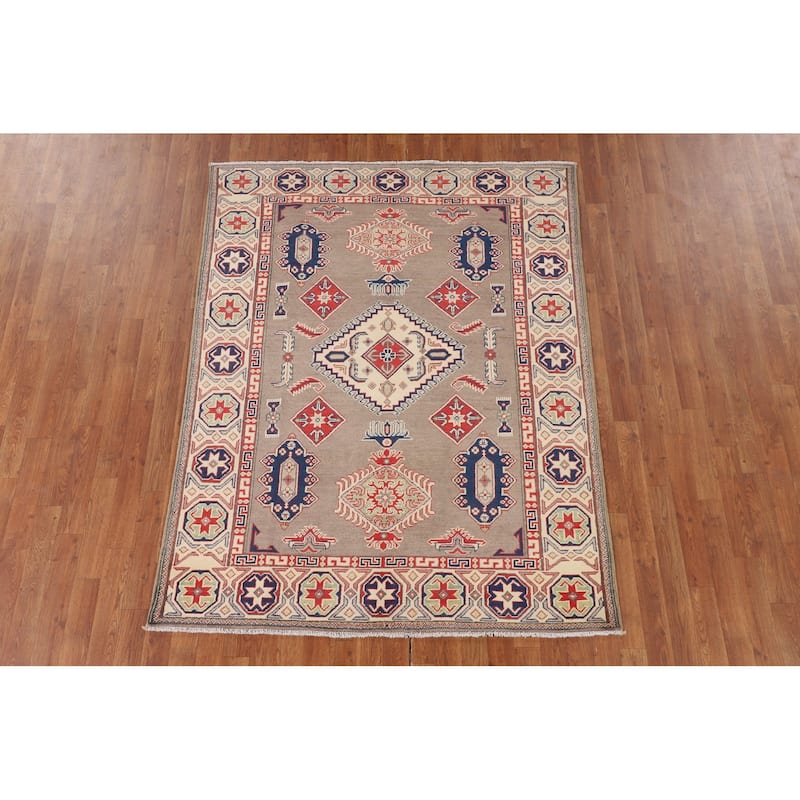 Kazak Oriental Area Rug Handmade Grey Wool Carpet - 4'11" x 6'5"