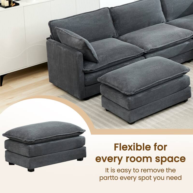 5-Seater Corduroy Sectional Sofa with a Removable Ottoman & Corner Seat, Soft & Comfortable - 4 Seats with 1 Ottoman