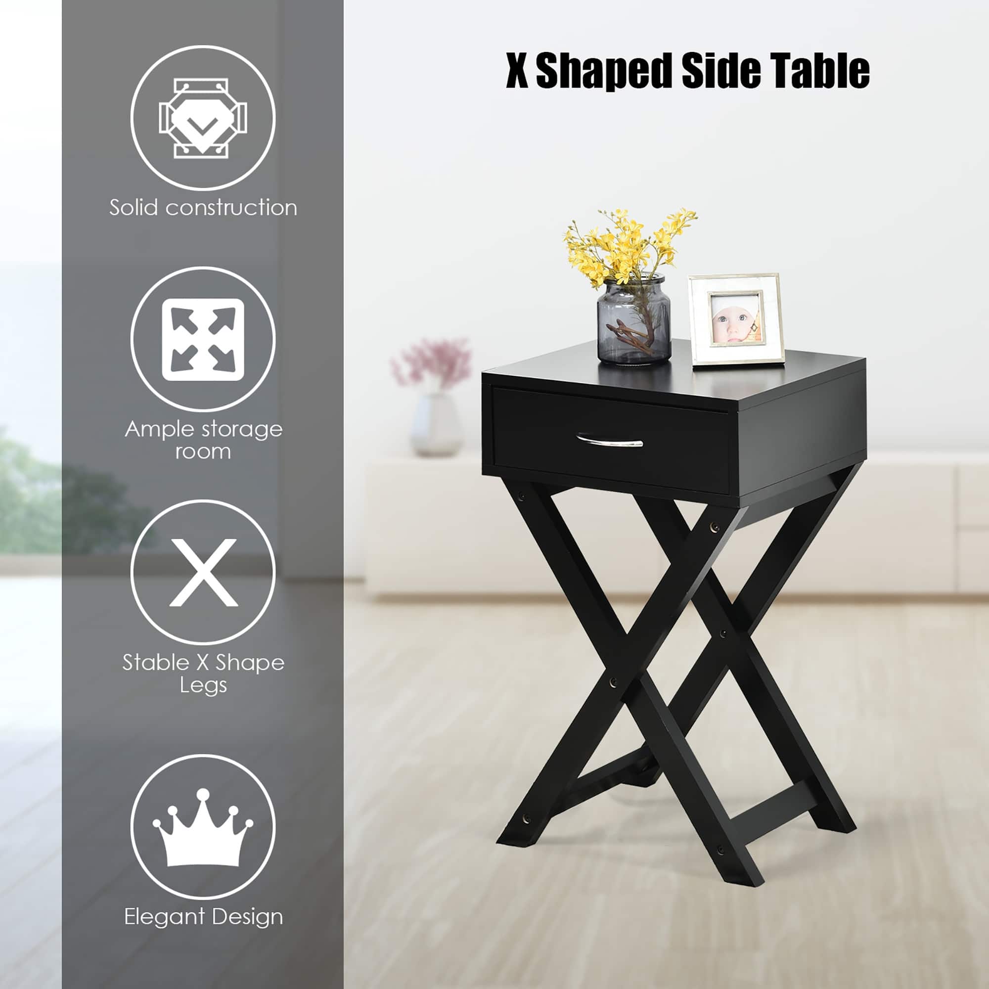 X Shaped Nightstand Modern Accent Sofa Side Table with Drawer Bed