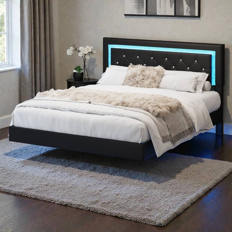 Floating Upholstered Bed Frame with LED Lights, Diamond Tufted Headboard, PU Leather Platform Bed, No Box Spring Needed