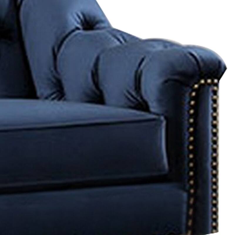 Cin 91 Inch Sofa, Button Tufted Camelback, Bench Seat, Nailhead Trim Blue