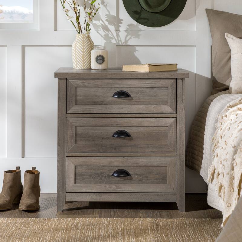 Grey Wash Farmhouse Nightstand with 3 Drawers and Cup Handles