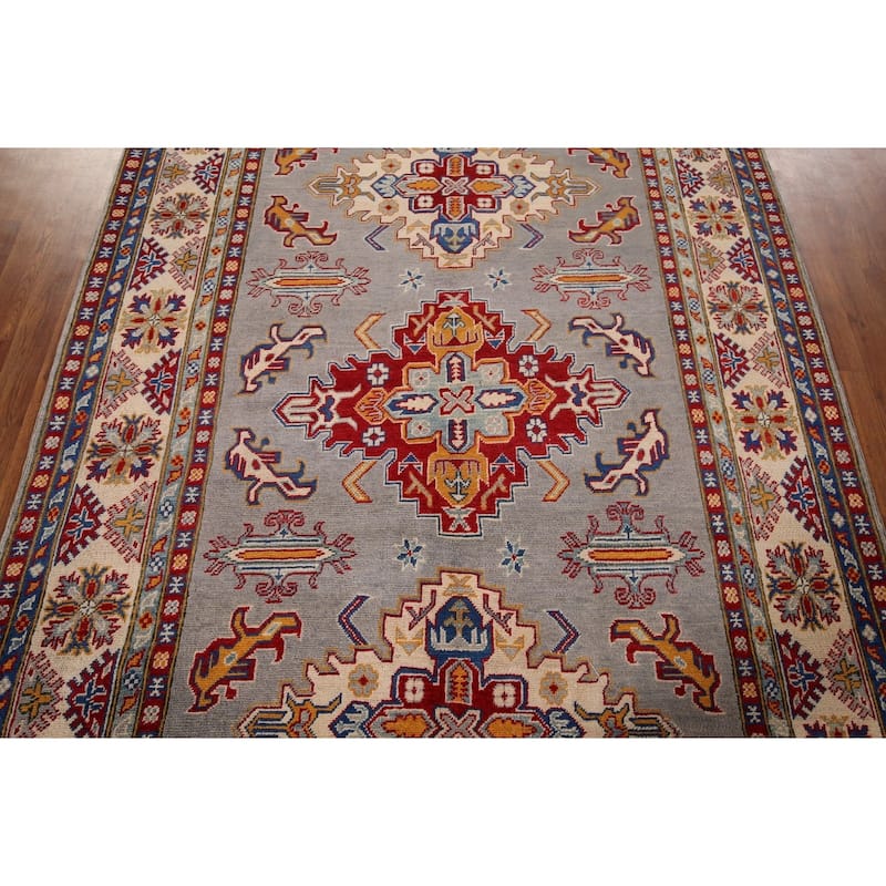 Geometric Kazak Rug Hand-Knotted Grey Traditional Wool Carpet - 5'10" x 8'4"