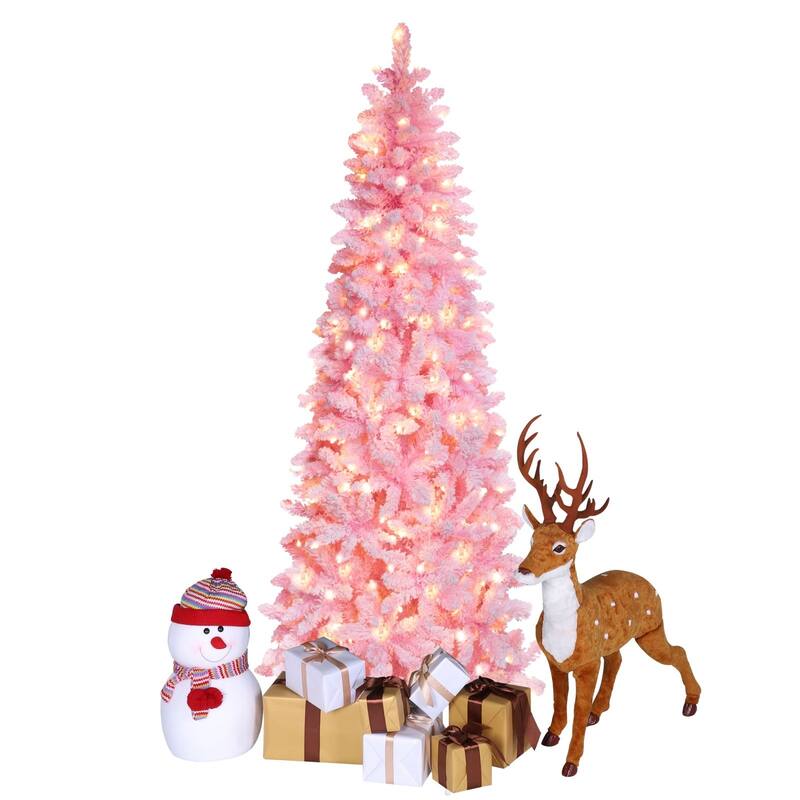 VEIKOUS Pre-Lit Artificial Christmas Tree Pencil Snow with Foldable Iron Stand with LED lights, 5.5/6.5/7.5 ft