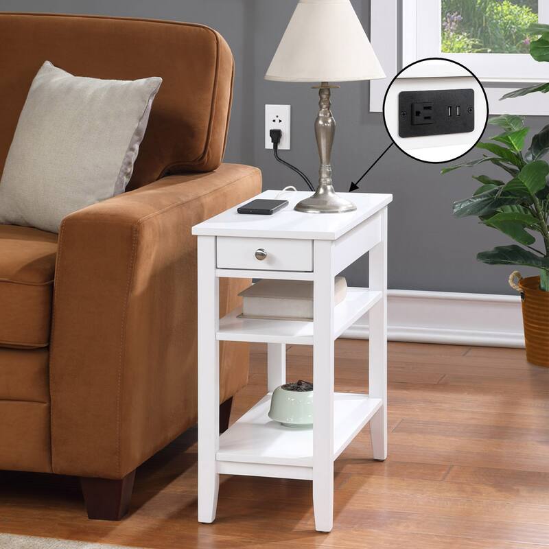 Convenience Concepts American Heritage 1 Drawer Chairside End Table with Charging Station and Shelves - White
