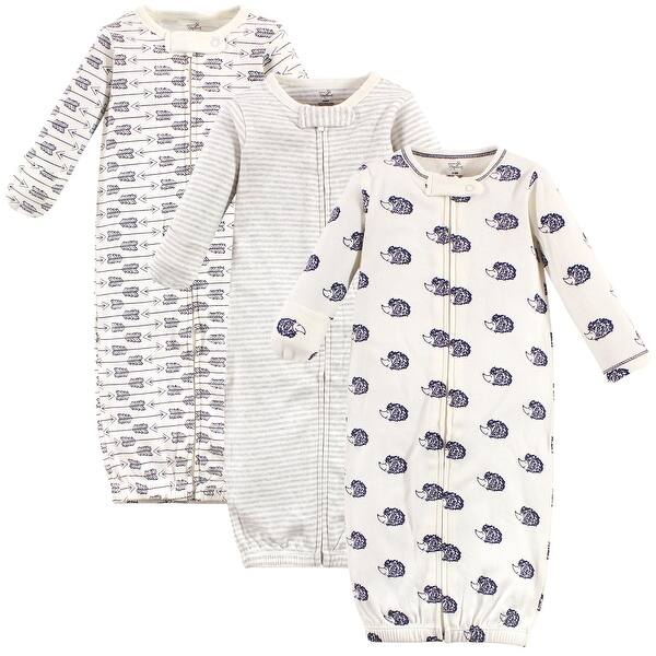 slide 1 of 1, Touched by Nature Baby Boy Organic Cotton Zipper Long-Sleeve Gowns 3pk, Hedgehog 0-6 Months - Hedgehog