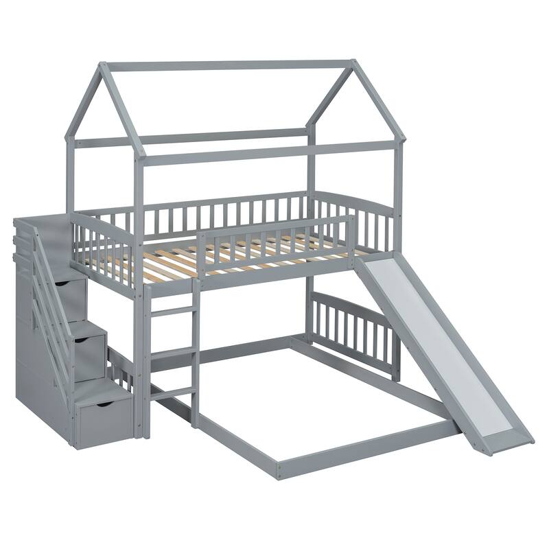 Twin Over Full Bunk Bed with Slide and Storage, Gray