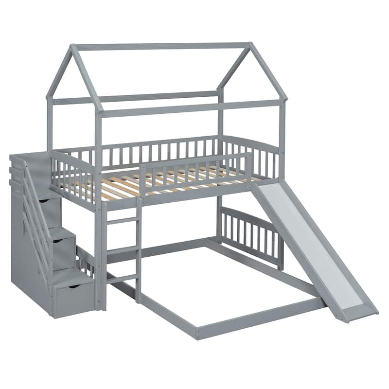 Twin over Twin Size Pine Wood Bunk Bed with Two Drawers and Slide for Kids