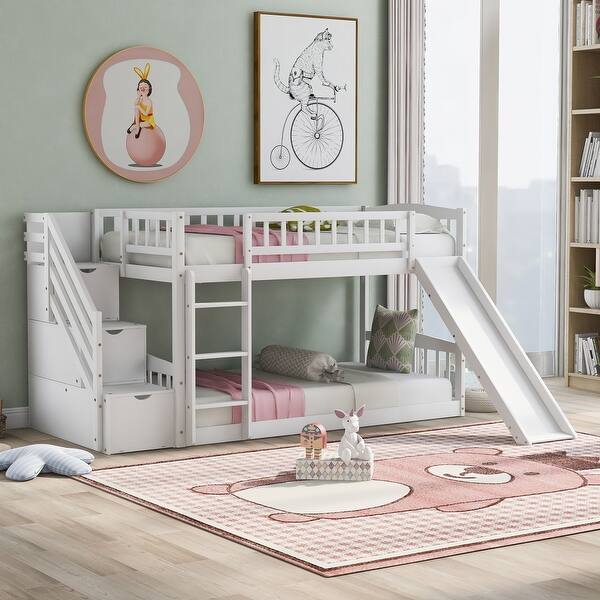 slide 2 of 20, Stairway Twin over Twin Bunk Bed with Two Drawers and Slide, White White