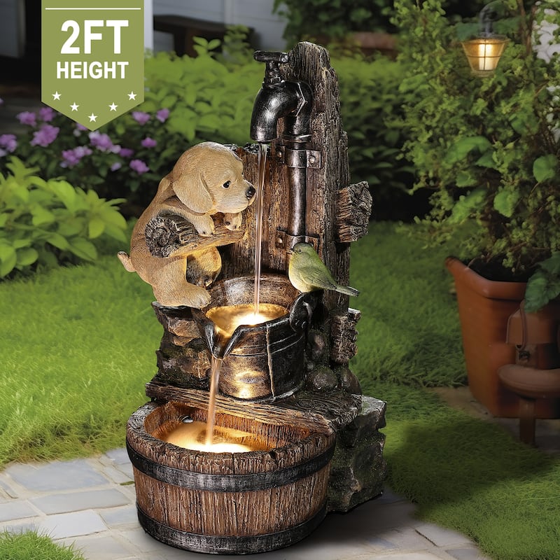 Puppy at the Farmhouse Faucet Resin Outdoor Fountain with Lights