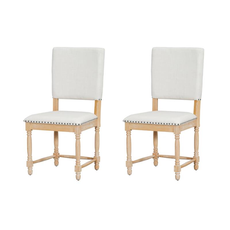 Vintage Upholstered Dining Chairs Set of 2, Armless Kitchen Side Chairs, Lounge Chair with Nailhead Trim & Turned Legs - Natural