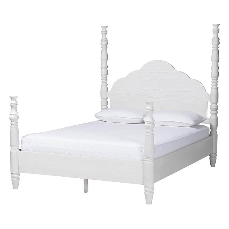 Baxton Studio Martino Four-Poster Platform Bed - Sculpted Post Bed Frame with Panel Headboard, Vintage Spindle Bed - White - King