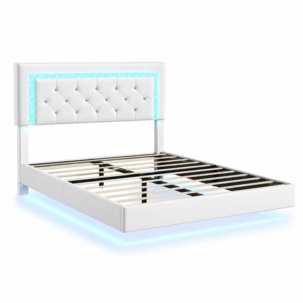 FurnitureR Full Size Floating Bed Frame with LED Lights, White Upholstered Platform Bed
