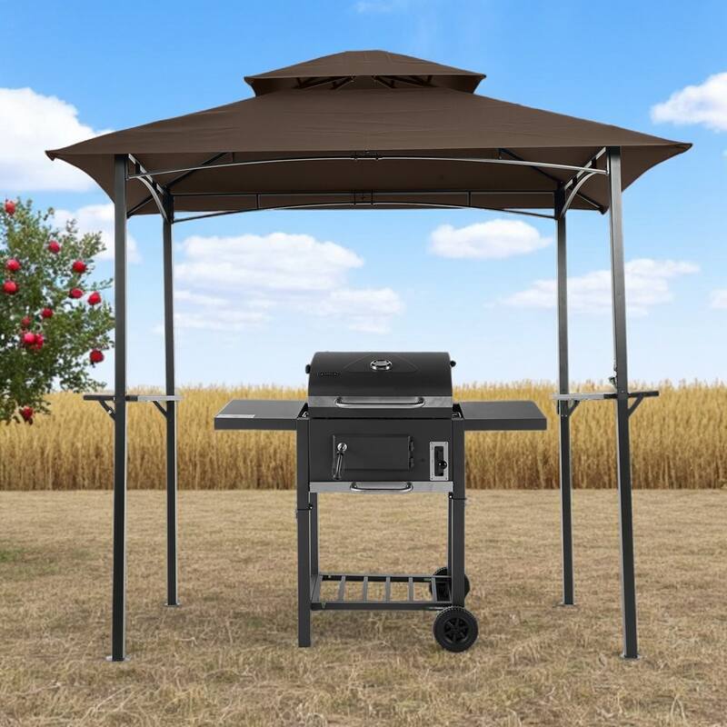 Outdoor Grill Gazebo 8x5 Ft, Double Tier Soft Top Canopy with Steel Frame, Bar Counters & Hook for BBQ - Brown