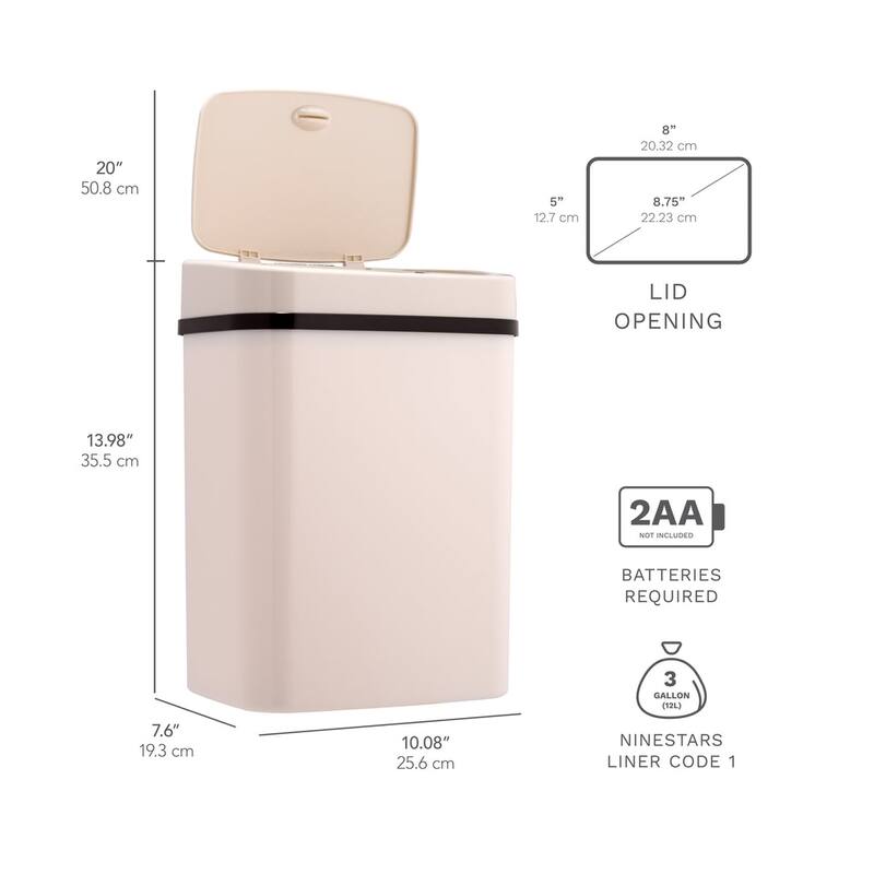 NINESTARS 3.2 Gallon White Rectangular Motion Sensor Trash Can
