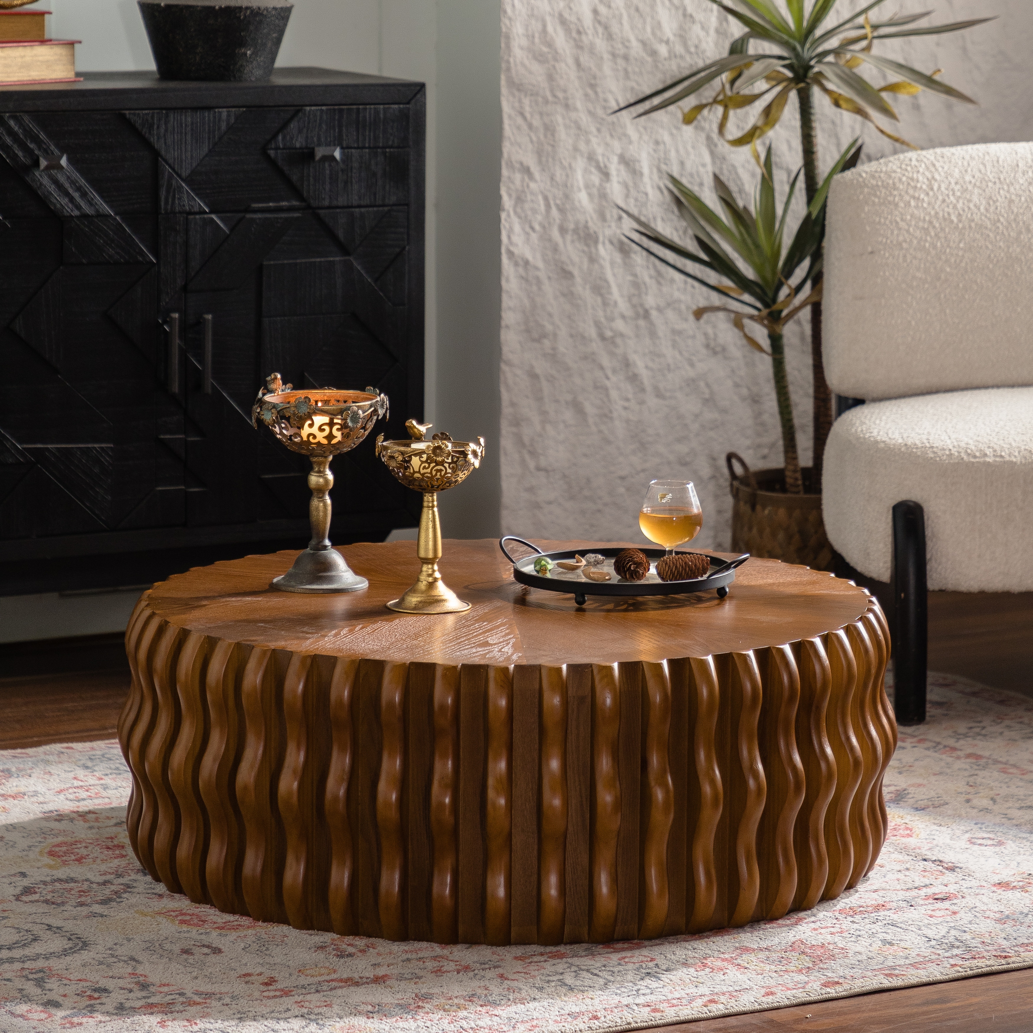 Round Coffee Table Center Table Fluted Side Table for Living Room, Sofa Table End Table Accent Table