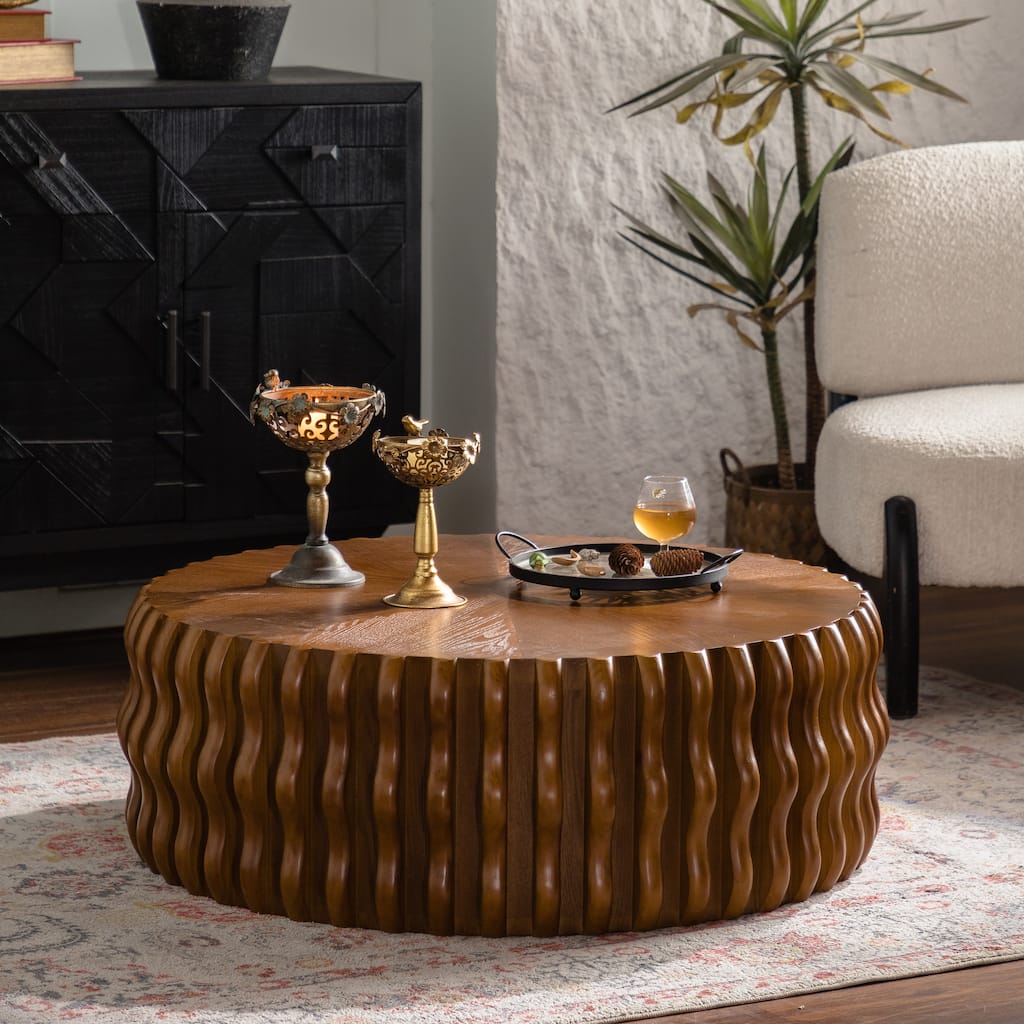 Round Coffee Table Center Table Fluted Side Table for Living Room, Sofa Table End Table Accent Table