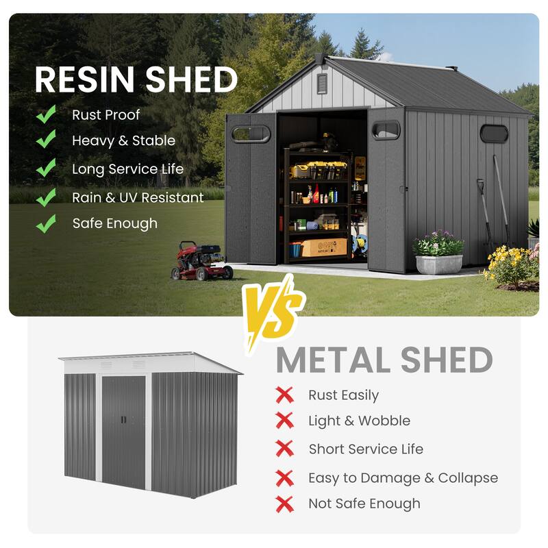 8' x 8' / 8' x 10'/ 8' x 12' Outdoor Resin Storage Shed with Floor & Lockable Doors All-Weather Garden Tool Storage for Patio