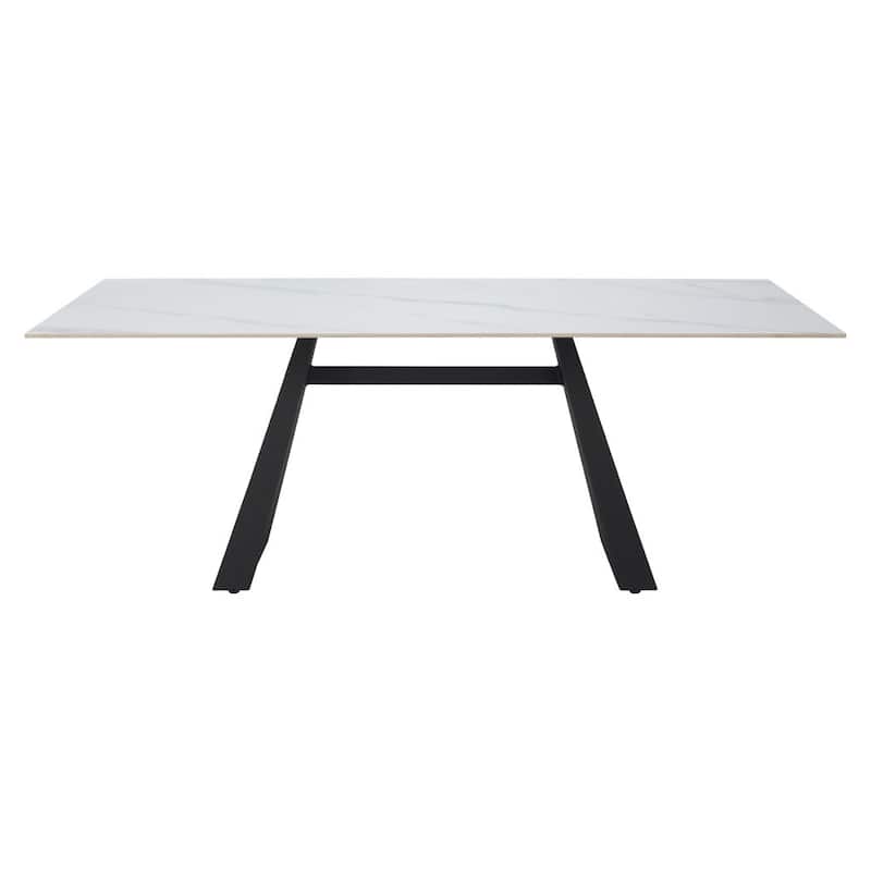 HomeRoots 79" White and Black Sintered Stone and Steel Double Pedestal Base Dining Table - 79.00 in. x 29.50 in. x 40.00 in.