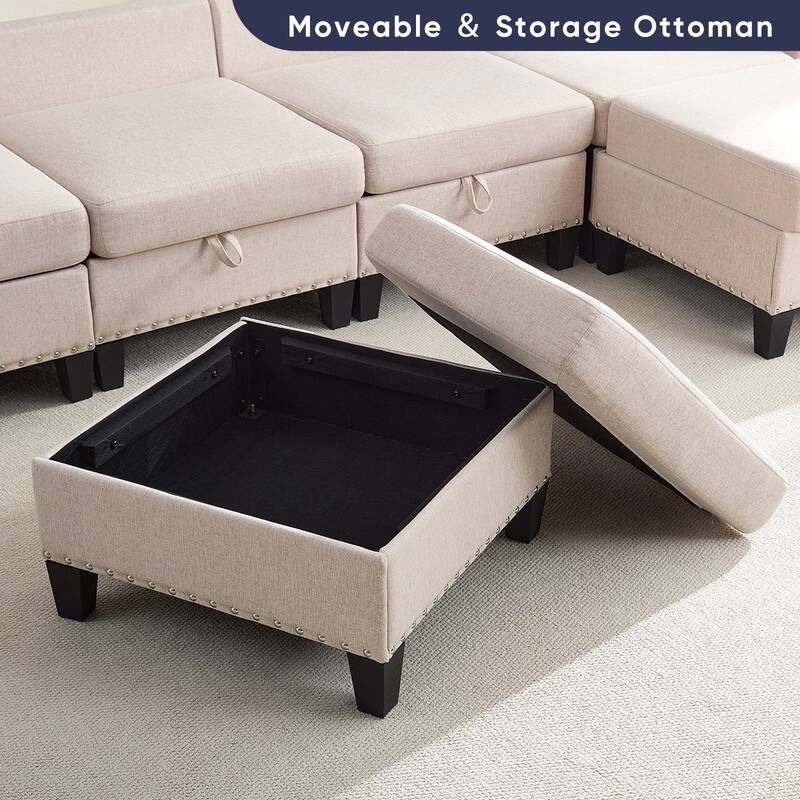 Mixoy Rivet Design Flexible Combination Reversible 4-Seater Modular Sofa with Storage Ottomans,Linen Convertible Sleeper Sofa