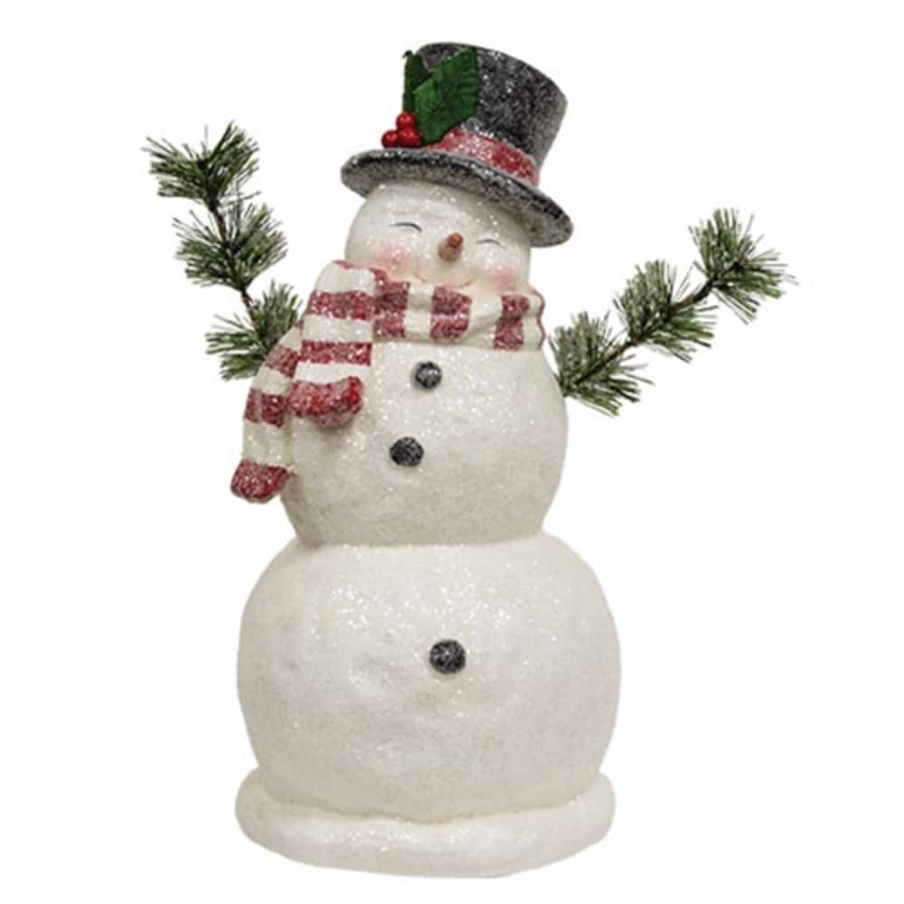 14" Glittered Resin Snowman Decoration Freestanding Holiday Figurine with Pine Branch Arms - 14" H x 6.5" diameter