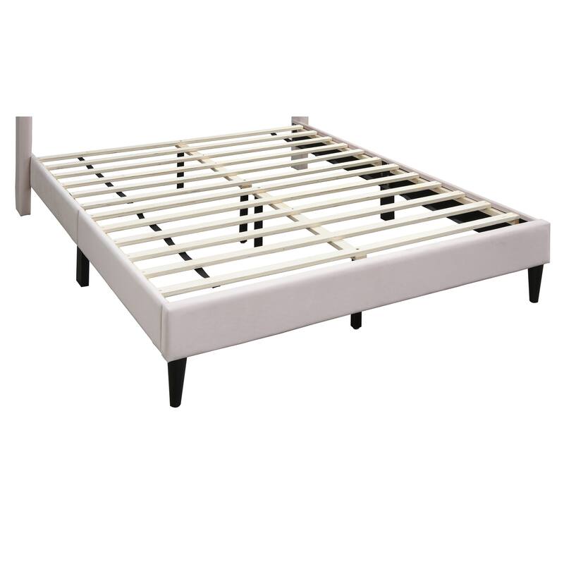 Modern Light Pink Velvet Upholstered Queen Size Bed with Geometric Headboard